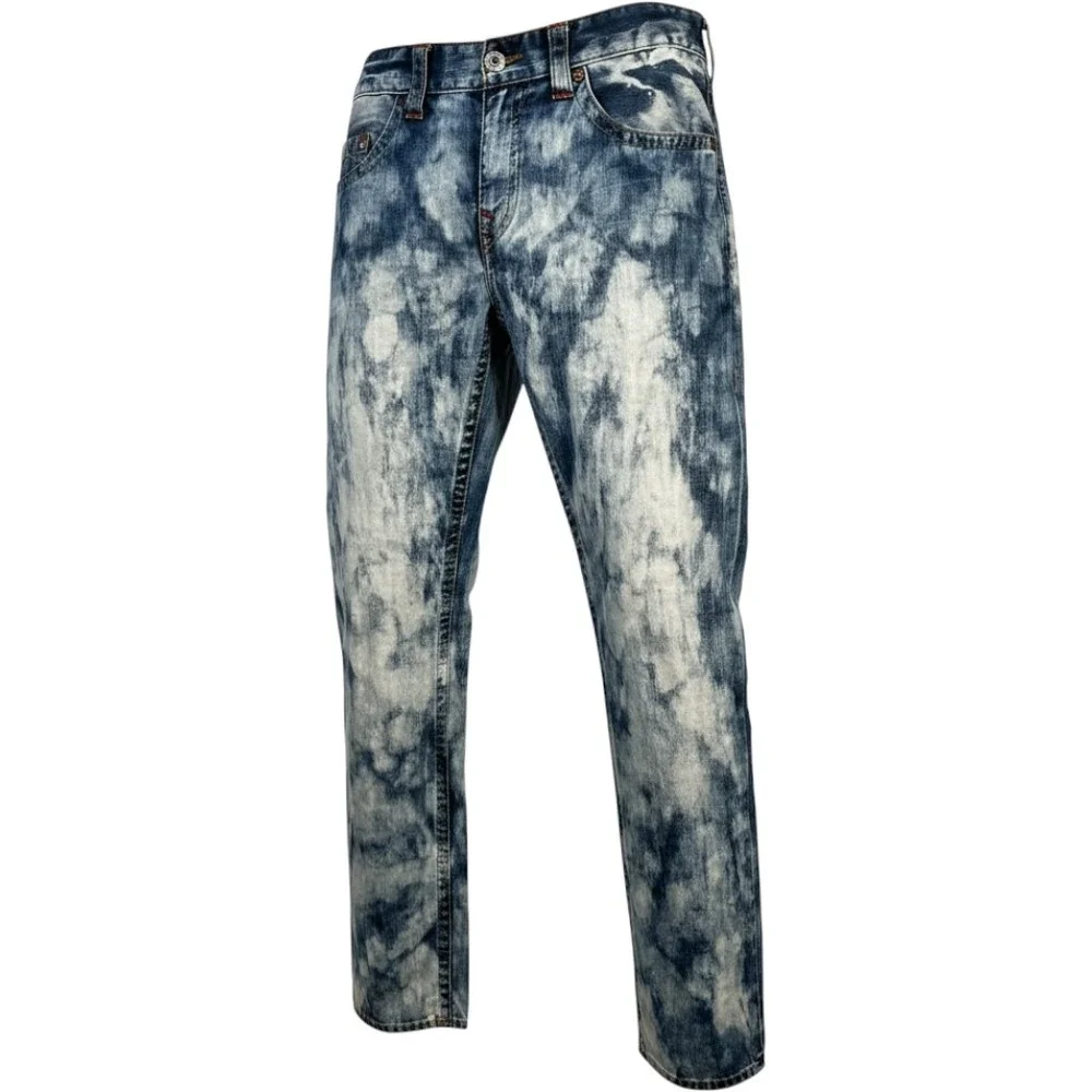 True Religion Mens Section Slim Acid Wash Blue White Denim Jeans Size 34 x 33